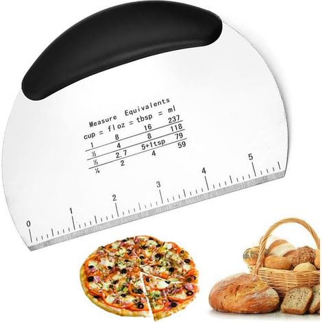 Raschietto per impasto professionale multifunzionale in robusto acciaio inossidabile, taglia pizza con scala graduata. (1/5)