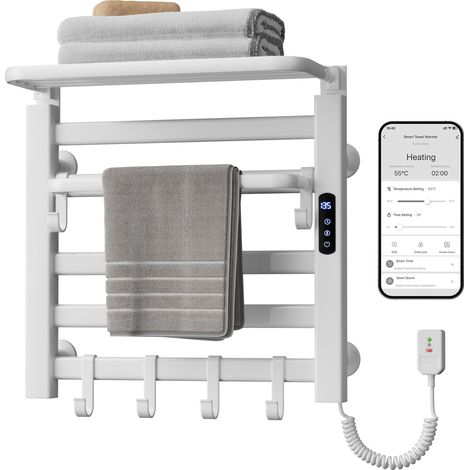 Sèche-Serviettes Électrique Connecté WiFi avec Étagère et Crochets - Radiateur Salle de Bain Intelligent (App & Écran Tactile) - Thermostat/Minuterie - Blanc Mat (1/5)