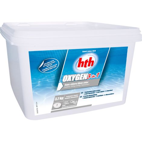 HTH – Désinfectant oxygène actif 3 en 1 en galets 3,2 kg – Anti-bactérien, anti-algues, clarifiant – Pour 15 m3 d'eau par semaine (1/6)