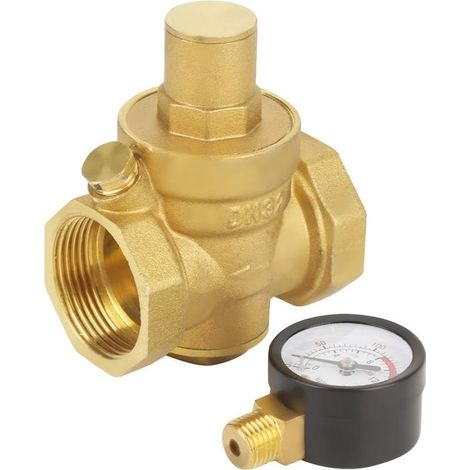 DN32 Vanne de Réduction de Pression d'Eau Réglable en Laiton avec Manomètre Compteur de Pression, Réducteur Réglable de Pression d'Eau en Laiton, Protection de la Plomberie(DN32) (1/5)