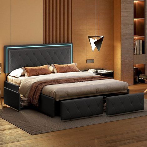 Cama 160x200 cm - Estructura de cama 160x200 - LED integrada - 4 cajones - Tejido PU gris