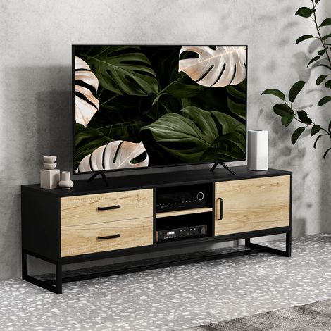 Meuble TV pour téléviseurs jusqu'à 60 pouces, meuble télé avec placard compartiments ouverts, 2 tiroirs, bois naturel (1/5)