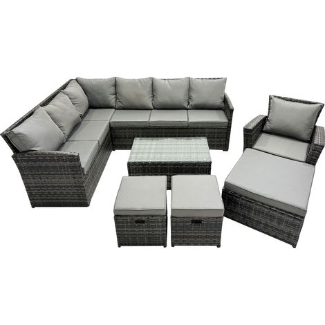 Fimous 10 Seat Poly Rattan Outdoor Patio Coffee Table Corner Sofa Set with 3 Stools Chair for Garden Backyard Dark Grey Mixed (1/5)
