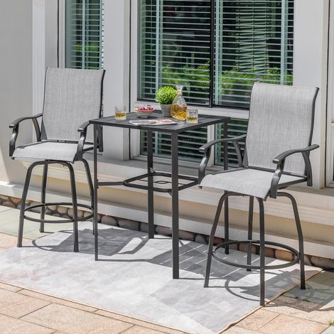 Avestar 3-tlg. Gartenbar Set, 2 drehbare Barhocker aus Textilene, Bartisch mit Lattenrost und Schirmloch, Grau und Schwarz