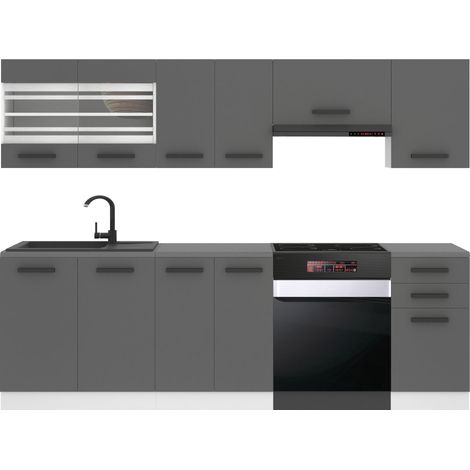 Belini Küchenzeile Küchenblock Lily - Küchenmöbel 240 cm Einbauküche Vollausstattung ohne Elektrogeräten mit Hängeschränke und Unterschränke, ohne Arbeitsplatten, Silber matt (1/5)