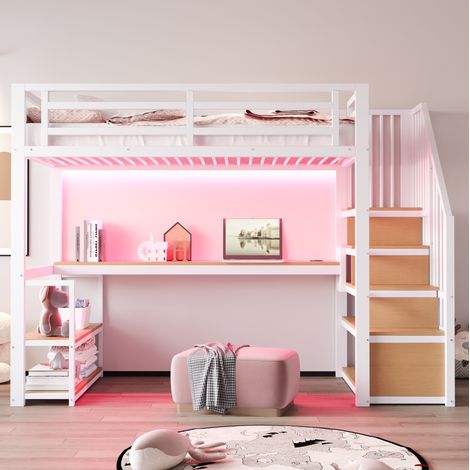 MEUBLIV Hochbett 90x200 cm Weiß – mit Tisch, Regalen und Leiter ohne Matratze (1/5)