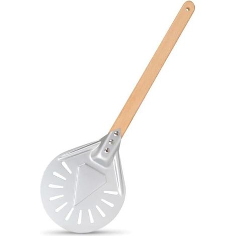 YMYNY 7 Pouces Pelle a Pizza Ronde, Pelle Pizza Perforée en Aluminium avec 40cm Longue Poignée en Bois Amovible Poignée Antidérapante, Pelle Tournante pour Pizza, Pain, Gâteaux