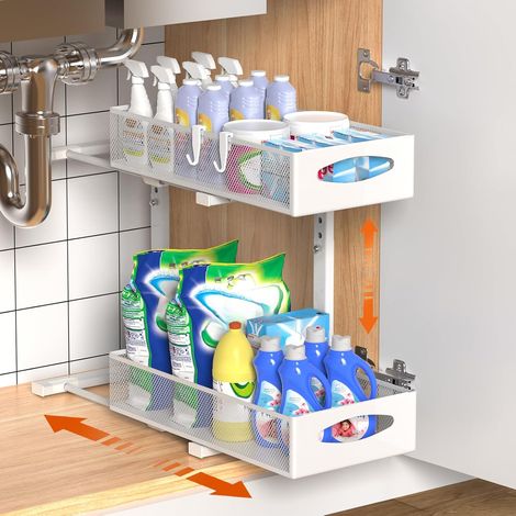 Rangement sous Évier en Métal, 2 Niveaux Étagère sous Évier Coulissant de Cuisine avec Hauteur Réglable, Organisateur sous Évier pour Placard de Cuisine, Blanc