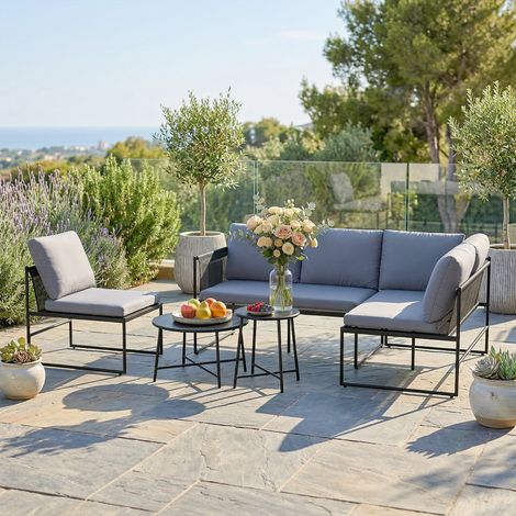 Conjunto de muebles de jardín tipo salón para 4-5 personas, que incluye sofá de jardín de 2 plazas, mesa de centro, silla y cojines gruesos lavables.