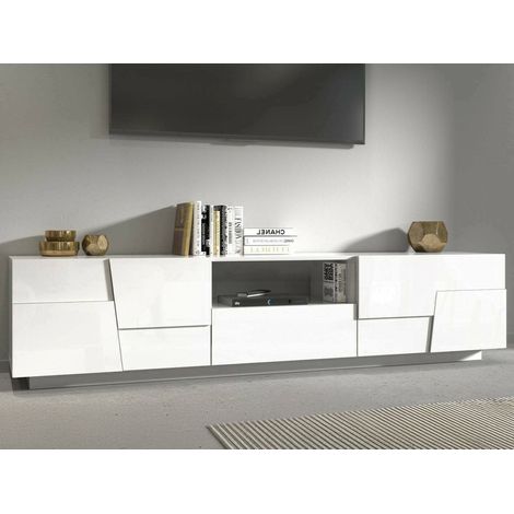 Dmora - Mueble TV Vanni, Aparador bajo de salón con 4 puertas y 1 cajón, base para mueble TV, 220x44h46 cm, Blanco brillo, con embalaje reforzado (1/5)