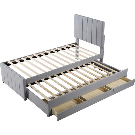 Letto imbottito 90 x 200 cm con letto estraibile e 3 cassetti, grigio (1/5)