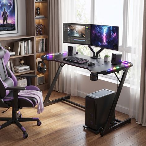 Bureau Informatique Ergonomique avec LED RGB, Surface en Fibre de Carbone, 120 x 60 x 76 cm, Noir (1/5)