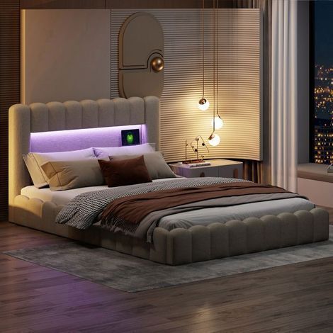 Bett mit Kopfteil - 180x200 cm - beige Leinenstoff - integrierte LED - USB-Anschluss