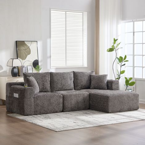 Canapé d'angle modulable compressé en gris, sans armature, avec repose-boisson, forme L à assise profonde, prêt à poser - Taille : 261×165×80,5 cm