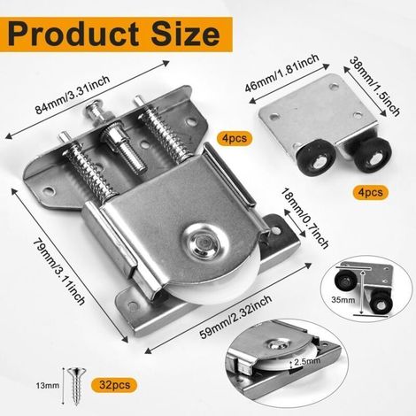 Lot de 4 paires de roulettes pour portes coulissantes, roulettes de placard, roulettes de remplacement pour portes à enroulement (1/5)