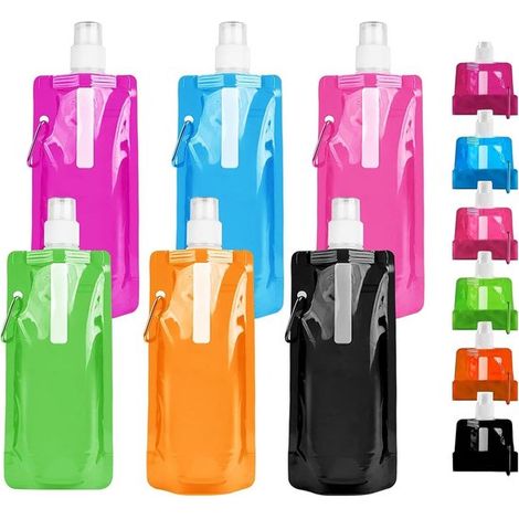 6er Pack faltbare Wasserflaschen, 460 ml, 6 Farben, wiederverwendbare, BPA freie Wasserflasche mit Clip für Outdoor Sportarten, Radfahren, Wander (1/5)