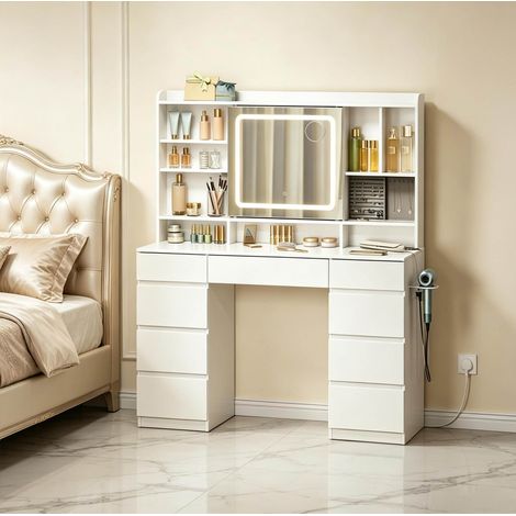 Coiffeuse 110x40x140 cm blanche en bois d’ingénierie avec miroir coulissant LED et prises intégrées (1/5)