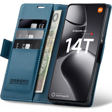 Funda Xiaomi 14T, funda tipo cartera brillante con tapa, color lichi, azul. (1/5)