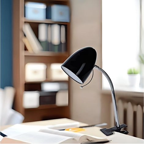 Abat-jour à pince métal noir col flexible, douille E27, éclairage robuste pour bureau lit