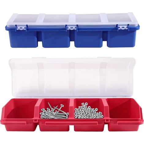 Organizador de tornillos, Diseño apilable, Fabricación en plástico resistente, 4 compartimentos (azul y rojo), Juego de 2 piezas (1/5)