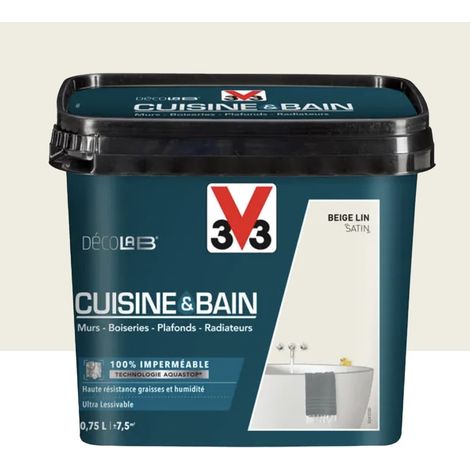 V33 – Peinture 100% imperméable pour cuisine et bain – 0,75 L – Beige lin – Technologie Aquastop pour nettoyage facile (1/3)