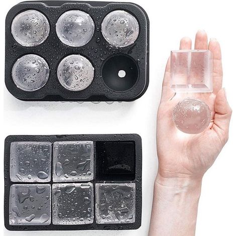 Moule à glaçons de luxe - Set de 2 - 6 grandes boules rondes et 6 cubes carrés - Silicone alimentaire - Noir (1/5)