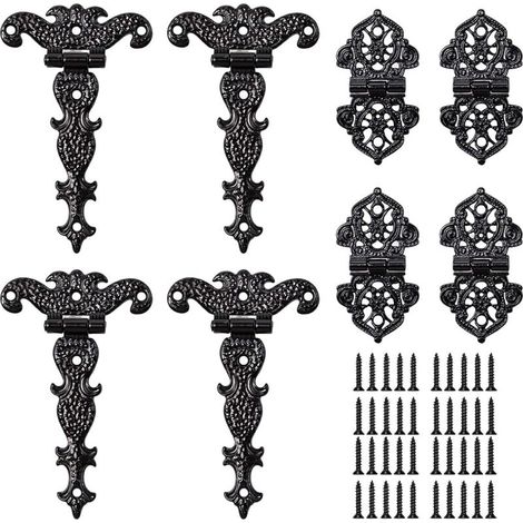 8 charnières de porte,charnières de porte de meuble sculptées à l'ancienne, charnières en bois galvanisé noir en forme de T (1/5)
