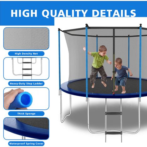 Trampoline 8FT extérieur avec filet de sécurité et échelle, capacité 181kg, bleu, saut en plein air pour enfants et adultes, équipement de jardin robuste (1/5)