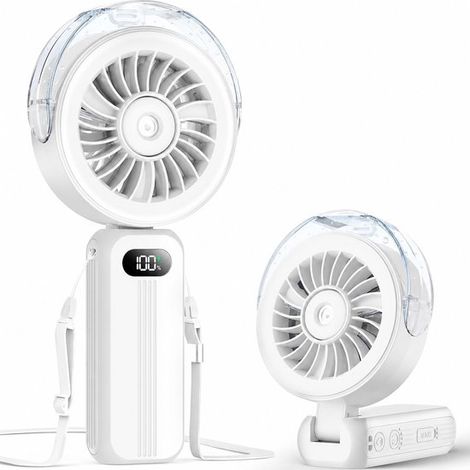 Mini ventilateur portable à main avec brumisateur d'eau, batterie 4000 mAh, rechargeable USB, pliable, 4 vitesses et dragonne, pour festivals, voyages et camping (1/5)