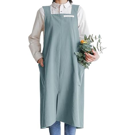 Tablier en Coton et Lin - Style Japonais - Halter Croisé - Avec Poche - Rétro et Littéraire - Pour Femme - Cuisine et Jardinage - Bleu Clair - Grande Taille (1/5)