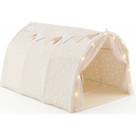 Tente de lit enfant beige en flanelle douce avec étoiles phosphorescentes et doubles rideaux pour lit superposé et chambre d'enfant