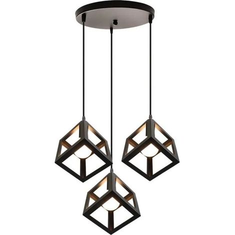 U-DO 3 Têtes Lustre Disque Noir Suspension forme Carré Lampe Cage en Fer Noir pour Couloir Restaurant Salon (1/4)