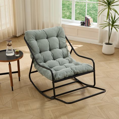 Mecedora de exterior, cojín cómodo y grueso, ideal para sala de estar, dormitorio o sala de lectura. Estructura negra con cojín verde claro. (1/5)