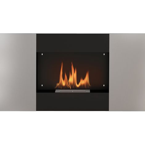 Wandmontierter Bioethanolkamin (0,9 l) aus Edelstahl, 100 x 15 x 54 cm, schwarz und silber