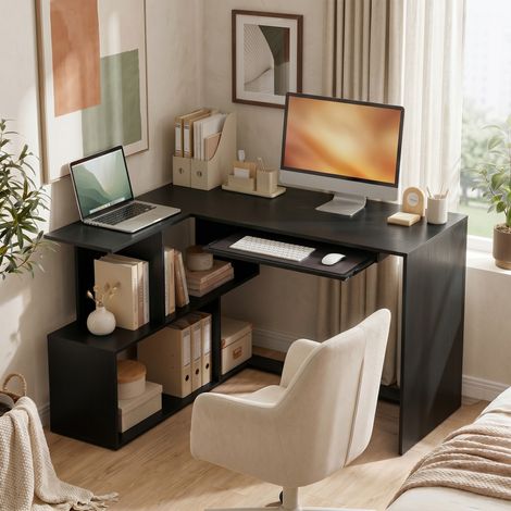 Bureau d'Angle, 120 x 100 x 76 cm, Bureau Informatique en L avec Plateau de Clavier, 4 Compartiments Ouverts, Noir (1/5)