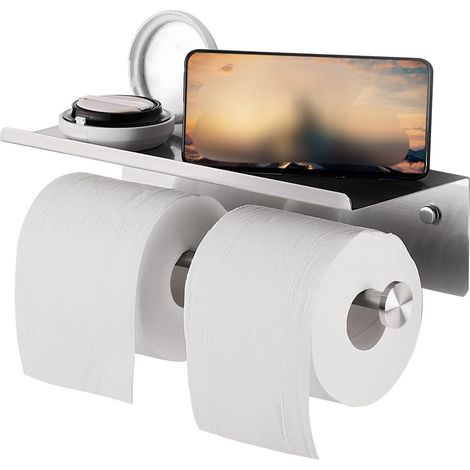 Toilettenpapierhalter, Doppelrollenhalter aus Edelstahl 304 mit Ablage, Wandhalterung für doppelte Toilettenpapierbox, Box für spülbare Feuchttücher, Oberfläche aus gebürstetem Nickel.