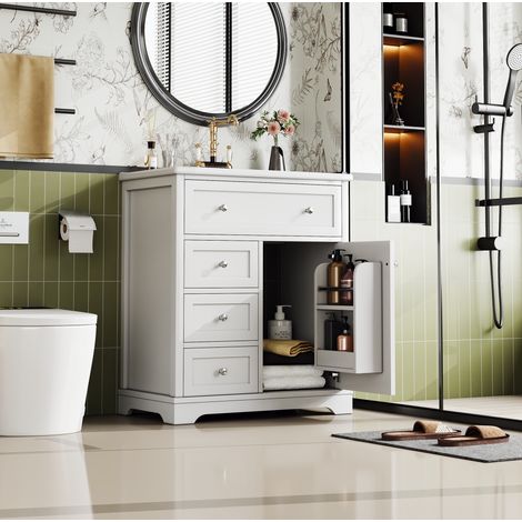 Meuble lave-mains sur pied MDF blanc avec vasque en céramique 76x46x87 cm, 4 tiroirs et 1 porte (1/5)