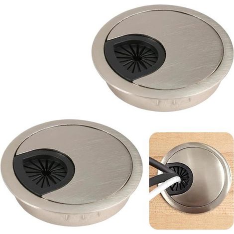 Set per la gestione dei cavi su scrivania per casa e ufficio - Set da 2 pezzi - Fori per la gestione dei cavi da 60 mm - Organizzatore di cavi - Argento spazzolato