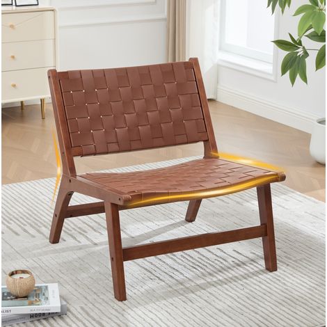 Fauteuil relax sans accoudoirs 71x66x72 cm en PU tressé, structure en bois, style industriel pour salon, marron (1/5)