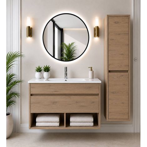 Mueble de baño suspendido con lavabo extraplano ORIGENBATH NEBARI con cajón sin espejo 60x45 cm estepa con columna (1/5)