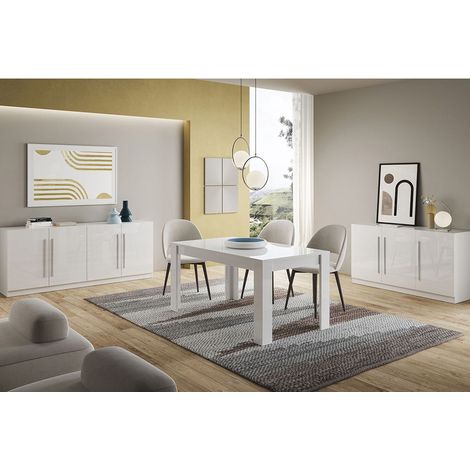 CLARK - Ensemble Séjour Laqué Blanc Table 190cm + Buffets 3 et 4 Portes (1/5)