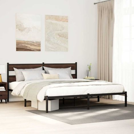 Estructura cama con cabecero sin colchón marrón roble 200x200cm (1/5)