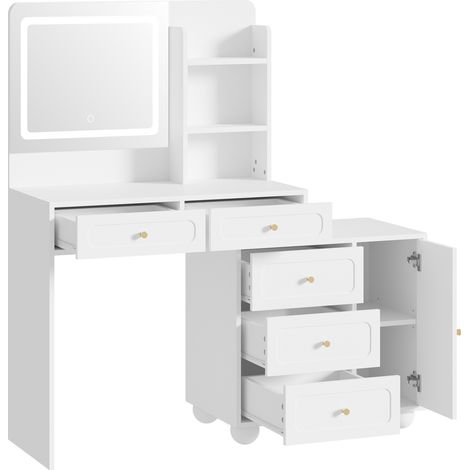 Coiffeuse blanche avec miroir HD, éclairage LED réglable, 5 tiroirs, 1 porte et 3 étagères, 80×39,8×127 cm (1/5)