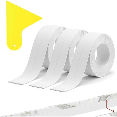 Lot de 3 rouleaux de plinthes souples autocollantes, blanches, flexibles en PVC autocollantes, étanches, plan de travail de cuisine, bande d'étanchéité pour cuisine, salle de bain (2,1 cm x 3,2 m) (1/5)