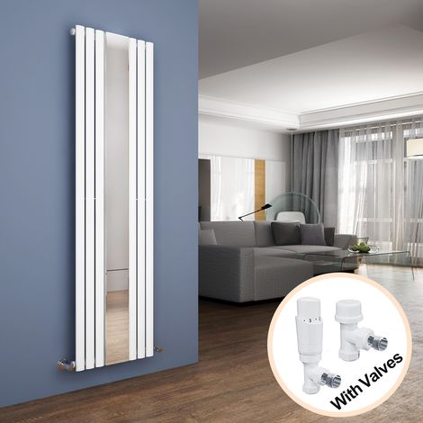 ELEGANT Vertical Mirror Radiator 1800 x 500mm Designer White Oval Column Panel Heating Rad with White Thermostatic Radiator Valves (1/5)