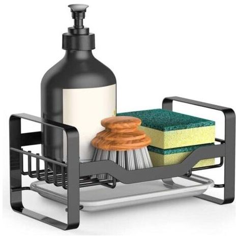 PA Porte-éponge, distributeur de savon et porte-brosse pour évier de cuisine organisateur d'évier de comptoir avec bac d'égouttage amovible. (1/4)