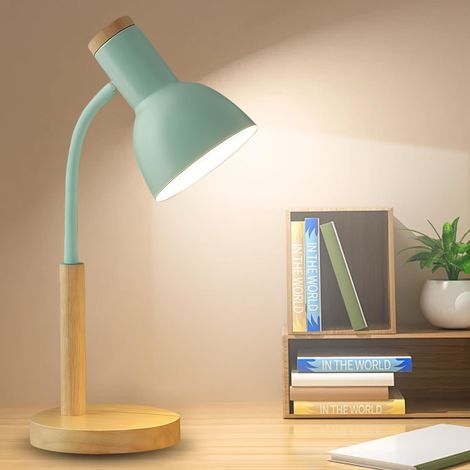Lampe de bureau pour enfant, lampe de lecture LED avec douille E27, bras réglable, lampe de chevet en métal et bois, lampe de bureau de style nordique pour chambre, salon, bureau (vert) (1/5)