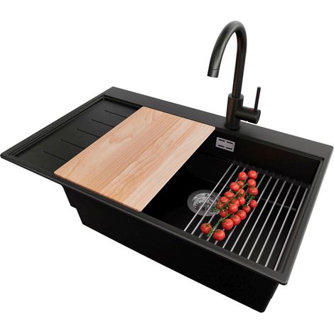 PRIMAGRAN Evier Cuisine en Granit 78x50cm,Lavabo 1 bac + Robinet 32x20cm + Kit de Vidage + Accessoires, Évier à Encastrer au meuble 60cm - Sydney, Noir