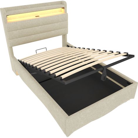 CAIziLit rembourré 90x200 cm LED USB-TC hydraulique rangement lin beige (1/5)