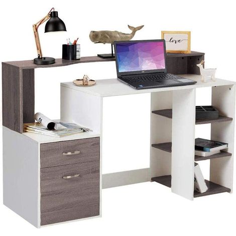 Bureau avec tiroir et armoire de travail Table de travail PC Support d'ordinateur en bois de mélamine Meubles de chambre à coucher pour bureau à domicile Gris chêne (1/5)